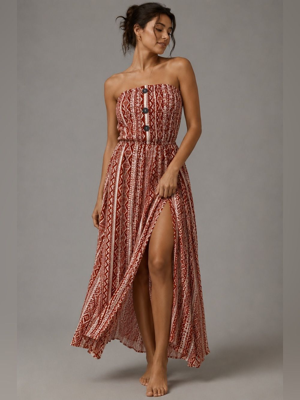 NWT Cupshe Strapless Maxi Dress Boho Tribal Print Smocked Belted Rayon Large